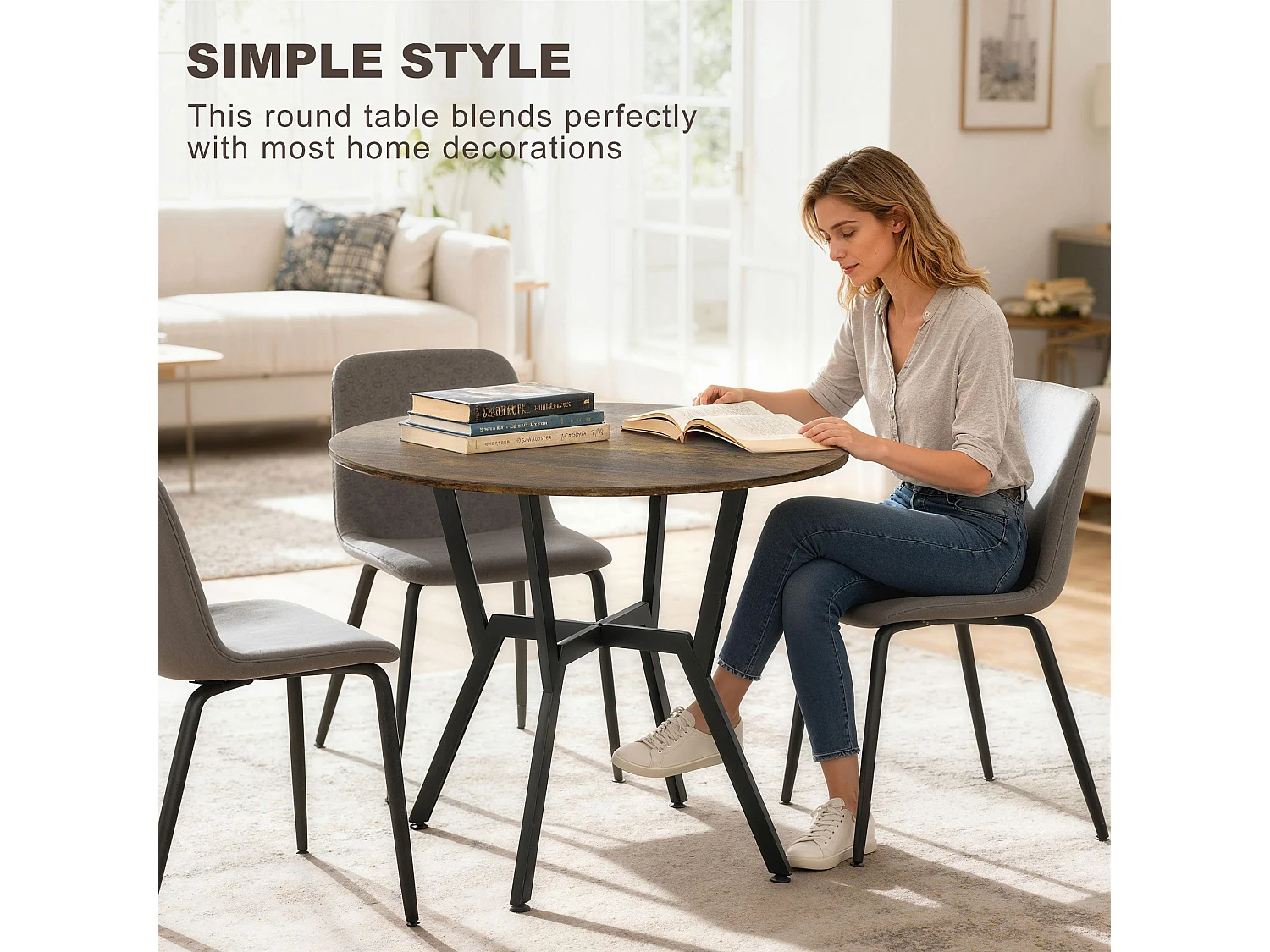 Molu Rustic Brown Round Dining Table With Black Metal Legs 90cm