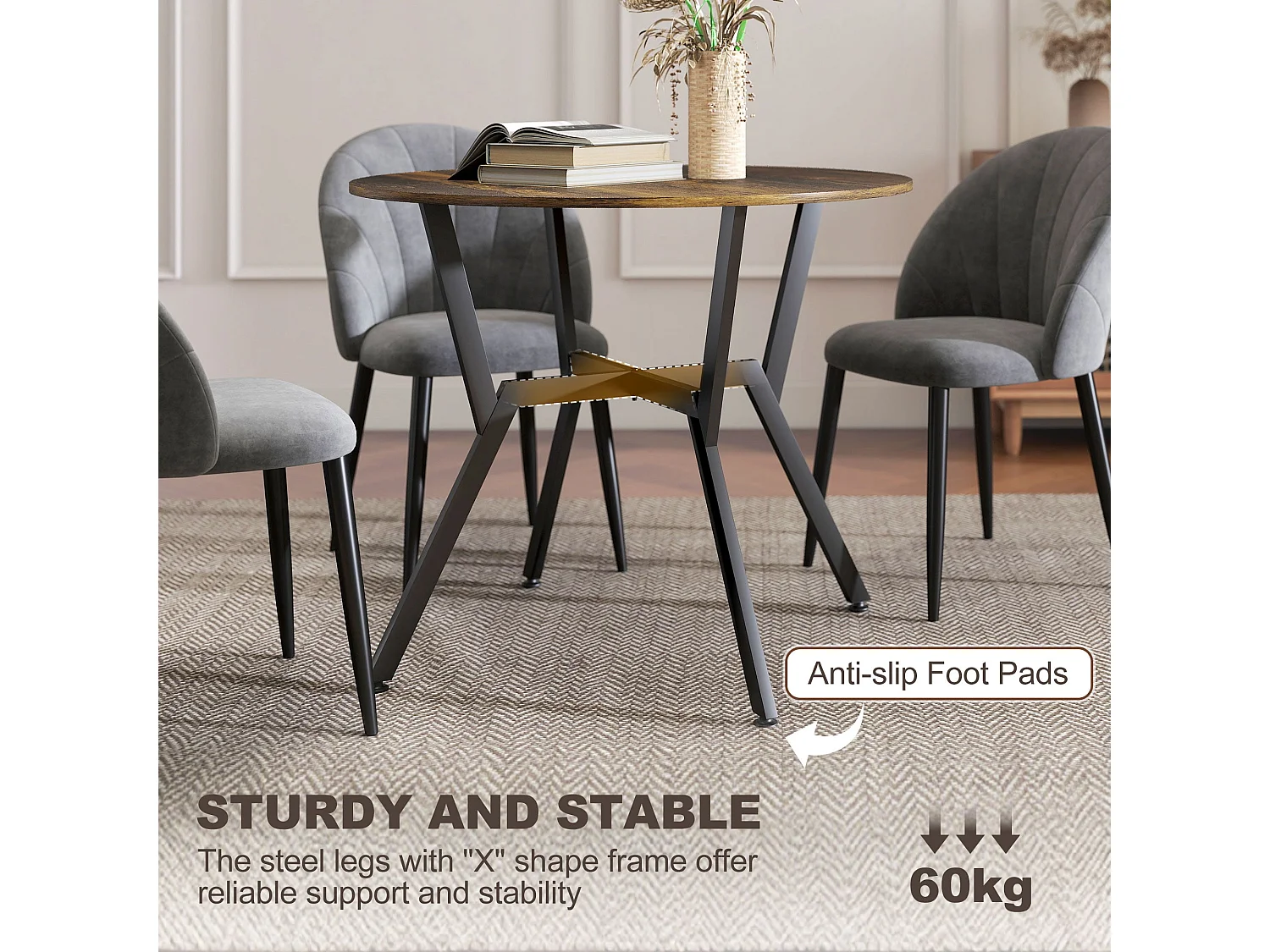 Molu Rustic Brown Round Dining Table With Black Metal Legs 90cm