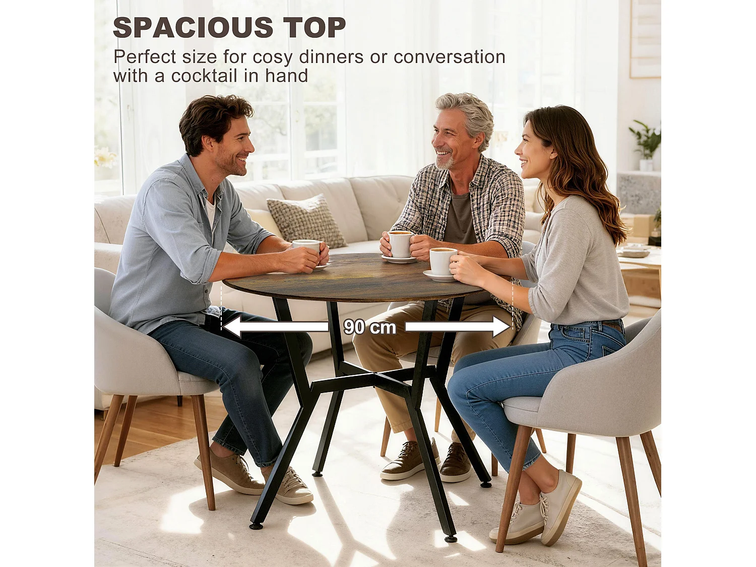 Molu Rustic Brown Round Dining Table With Black Metal Legs 90cm