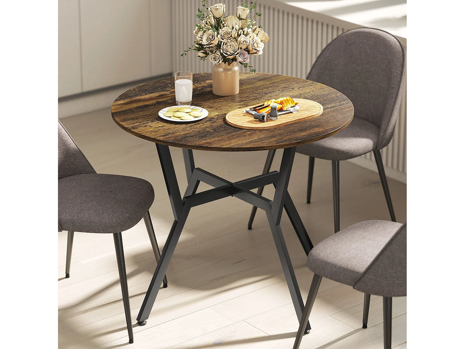 Molu Rustic Brown Round Dining Table With Black Metal Legs 90cm