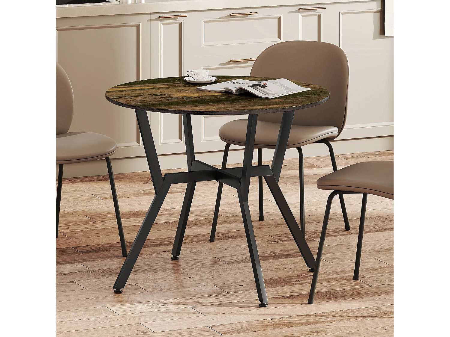 Molu Rustic Brown Round Dining Table With Black Metal Legs 90cm