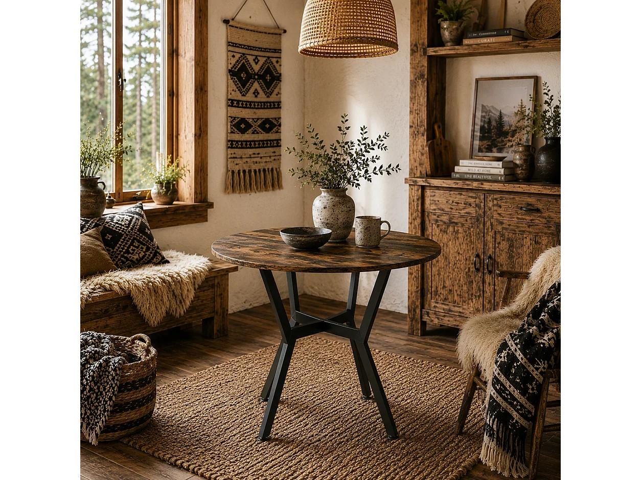 Molu Rustic Brown Round Dining Table With Black Metal Legs 90cm