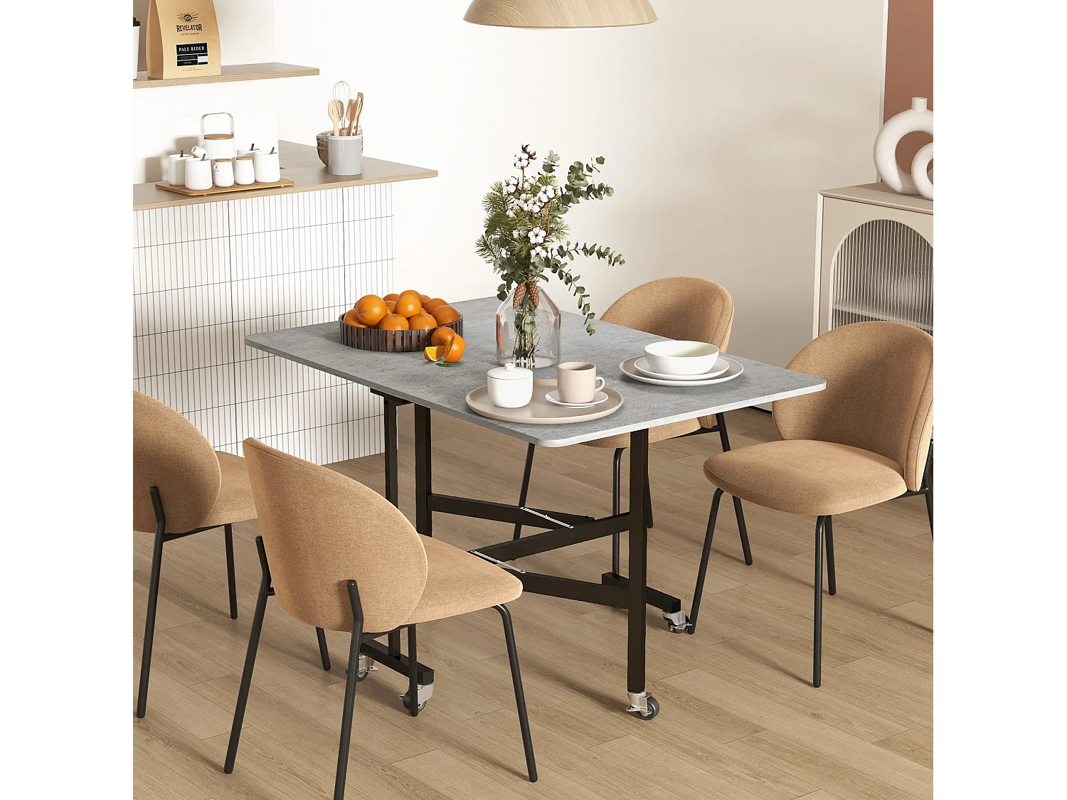 Grey Marble Effect Mobile Drop Leaf Dining Table with Locking Castors