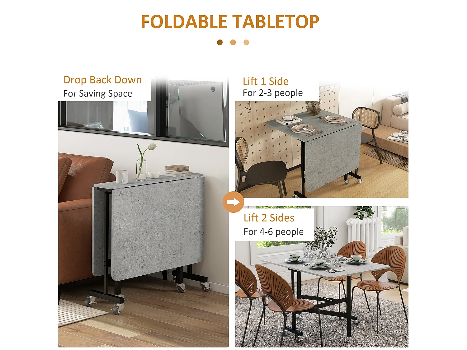 Grey Marble Effect Mobile Drop Leaf Dining Table with Locking Castors