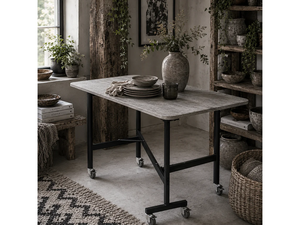 Grey Marble Effect Mobile Drop Leaf Dining Table with Locking Castors