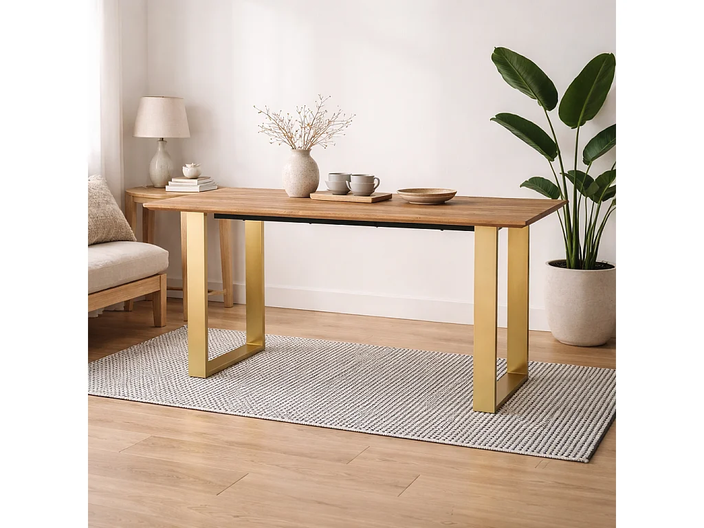 Sazzuma Rectangular Dining Table Wood Effect Top Brass U Shaped Metal Legs