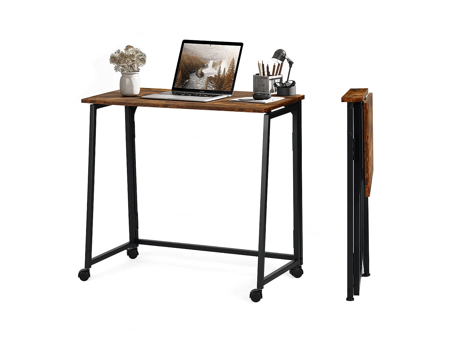 ASCOLI - Bureau pliable industriel avec plateau effet bois foncé et structure en métal noir