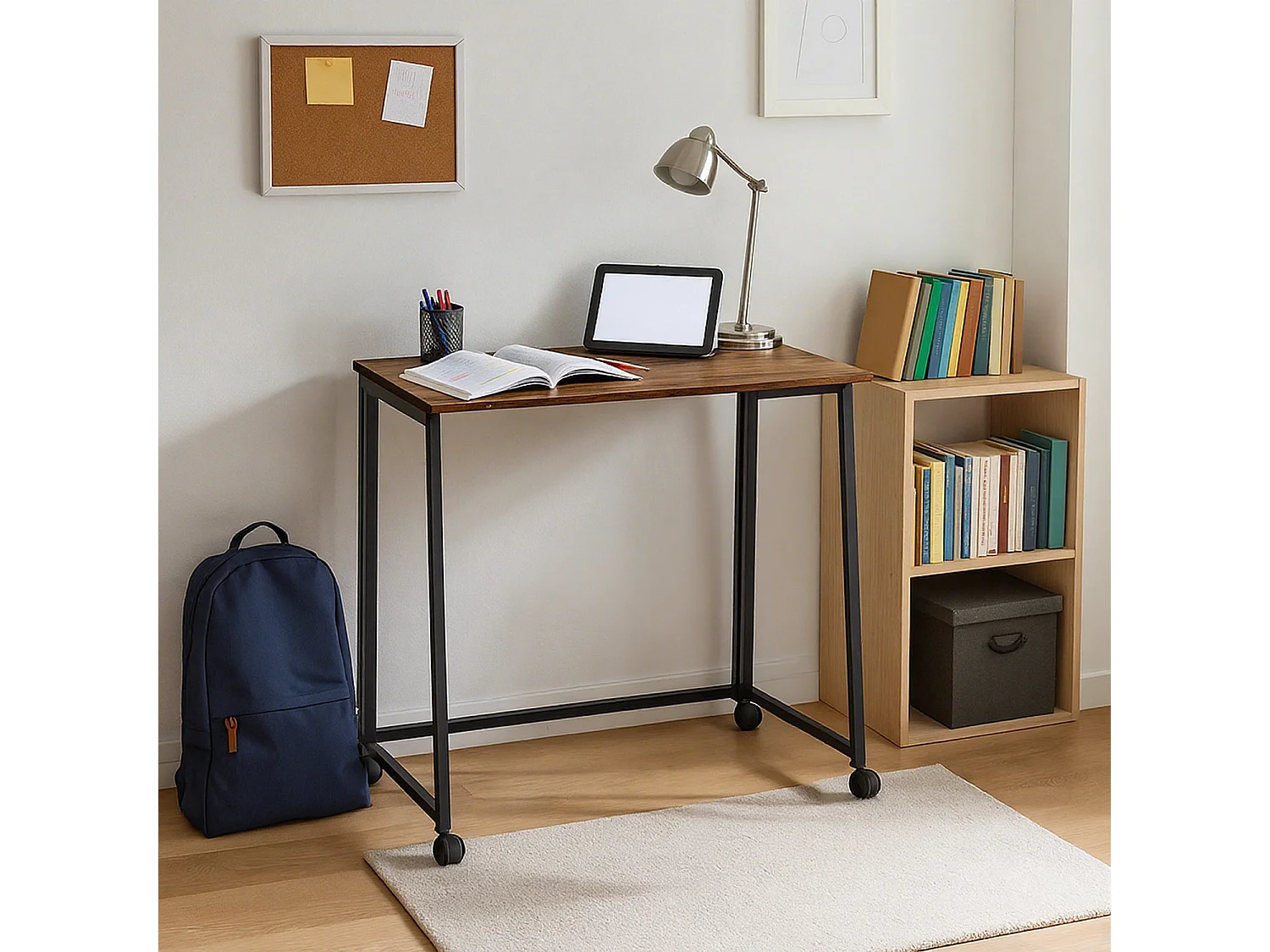 ASCOLI - Bureau pliable industriel avec plateau effet bois foncé et structure en métal noir