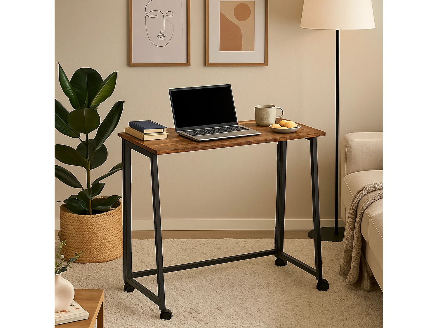 ASCOLI - Bureau pliable industriel avec plateau effet bois foncé et structure en métal noir