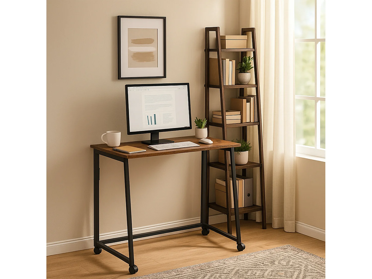 ASCOLI - Bureau pliable industriel avec plateau effet bois foncé et structure en métal noir