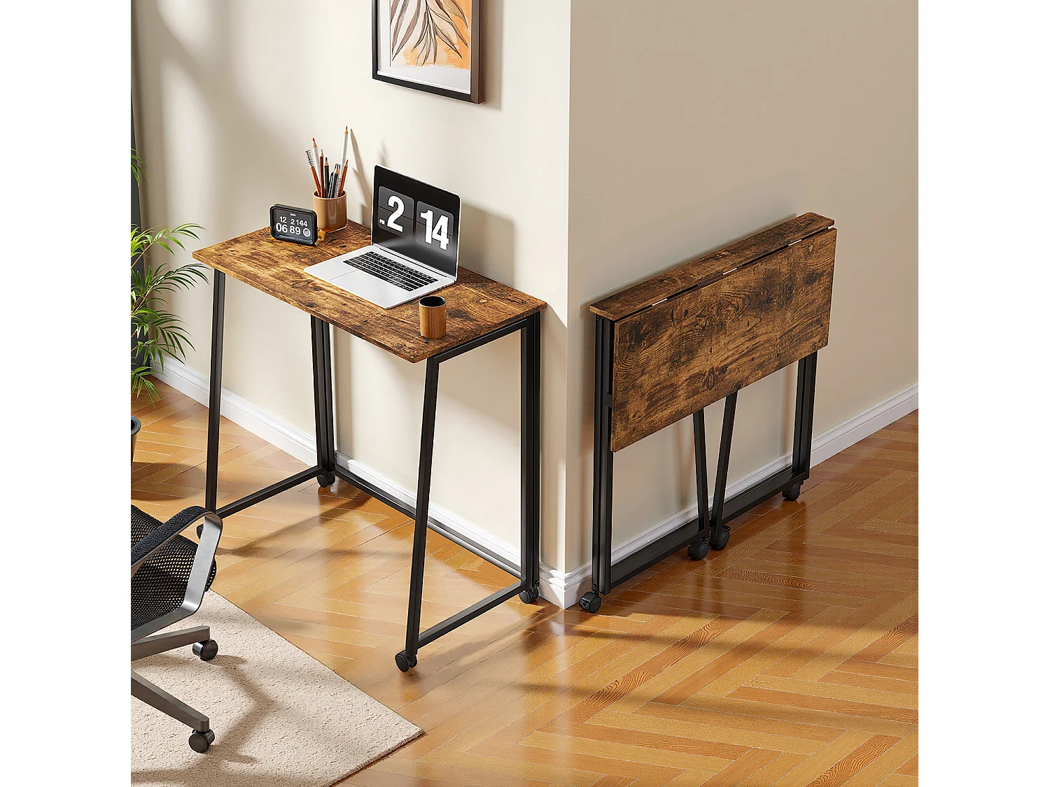 ASCOLI - Bureau pliable industriel avec plateau effet bois foncé et structure en métal noir
