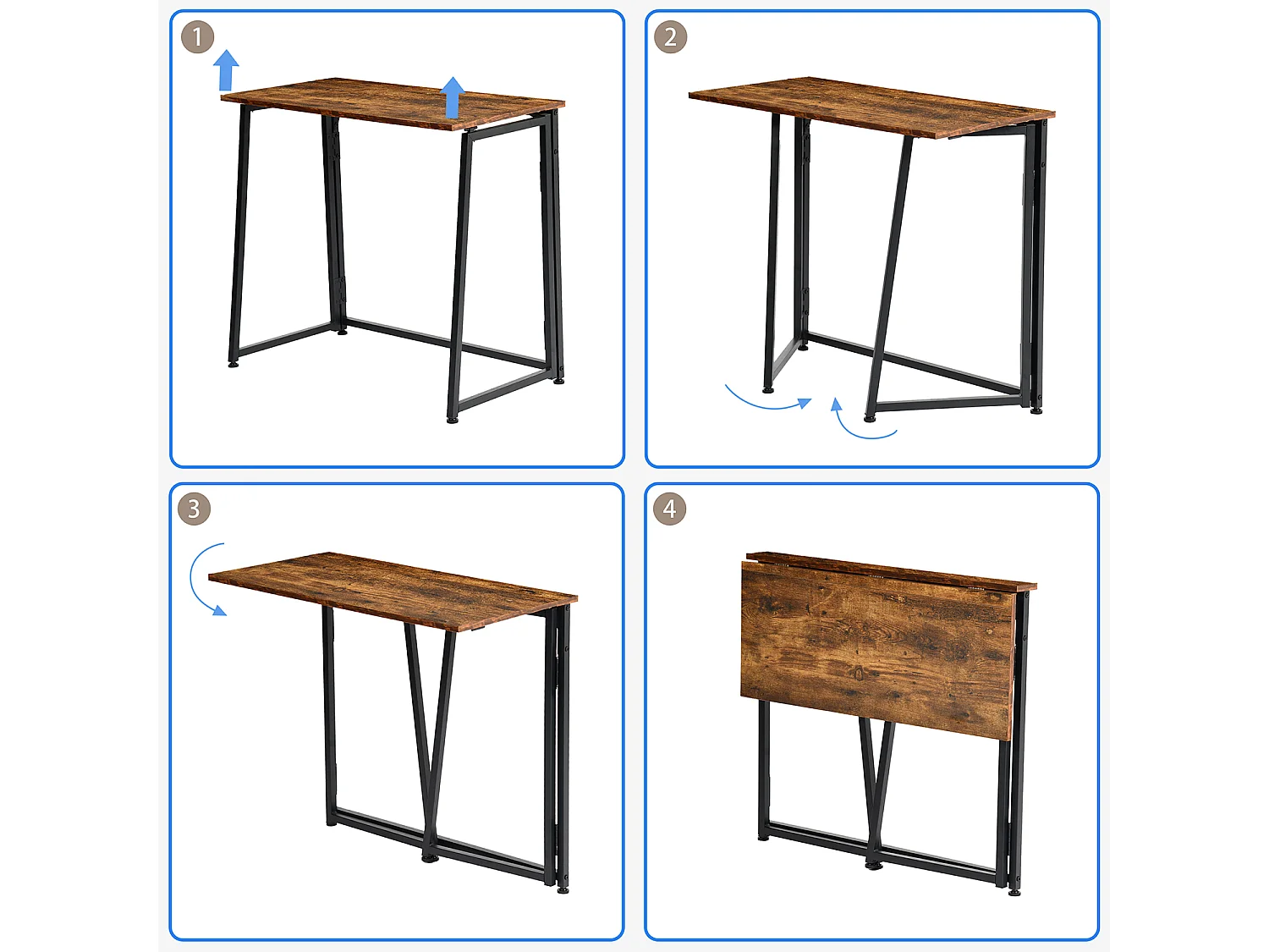 ASCOLI - Bureau pliable industriel avec plateau effet bois foncé et structure en métal noir