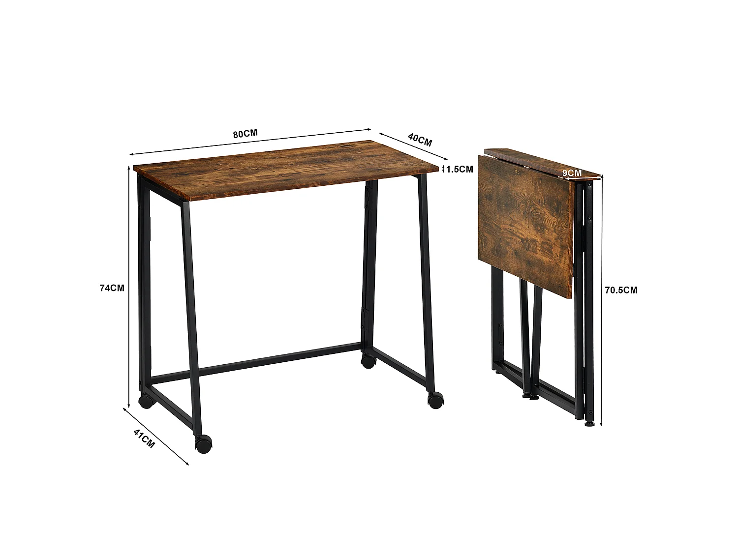 ASCOLI - Bureau pliable industriel avec plateau effet bois foncé et structure en métal noir