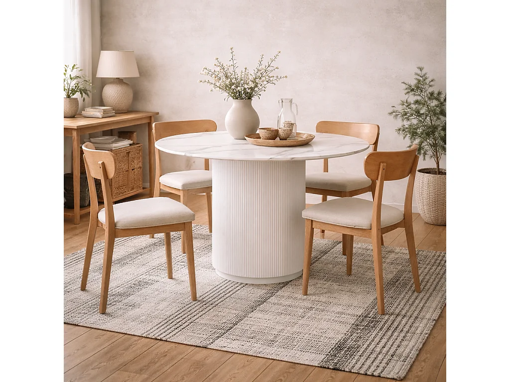 Mullingar Round Stone White Dining Table Etched Base 110cm