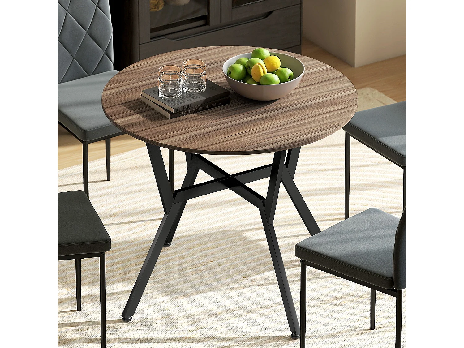 Doveno 90cm Round Dining Table Wood Effect Top Black Metal Frame Anti Slip Feet