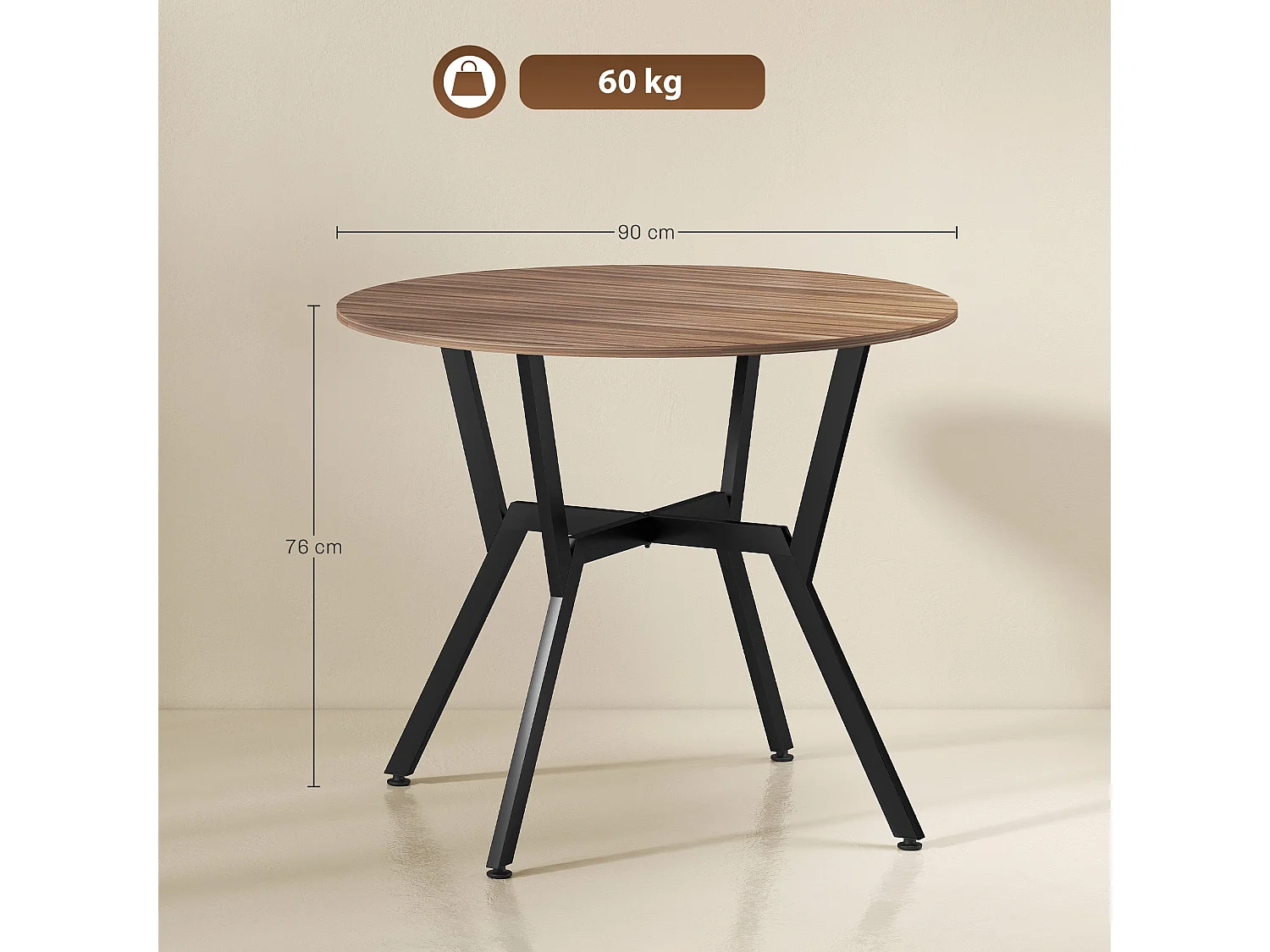 Doveno 90cm Round Dining Table Wood Effect Top Black Metal Frame Anti Slip Feet