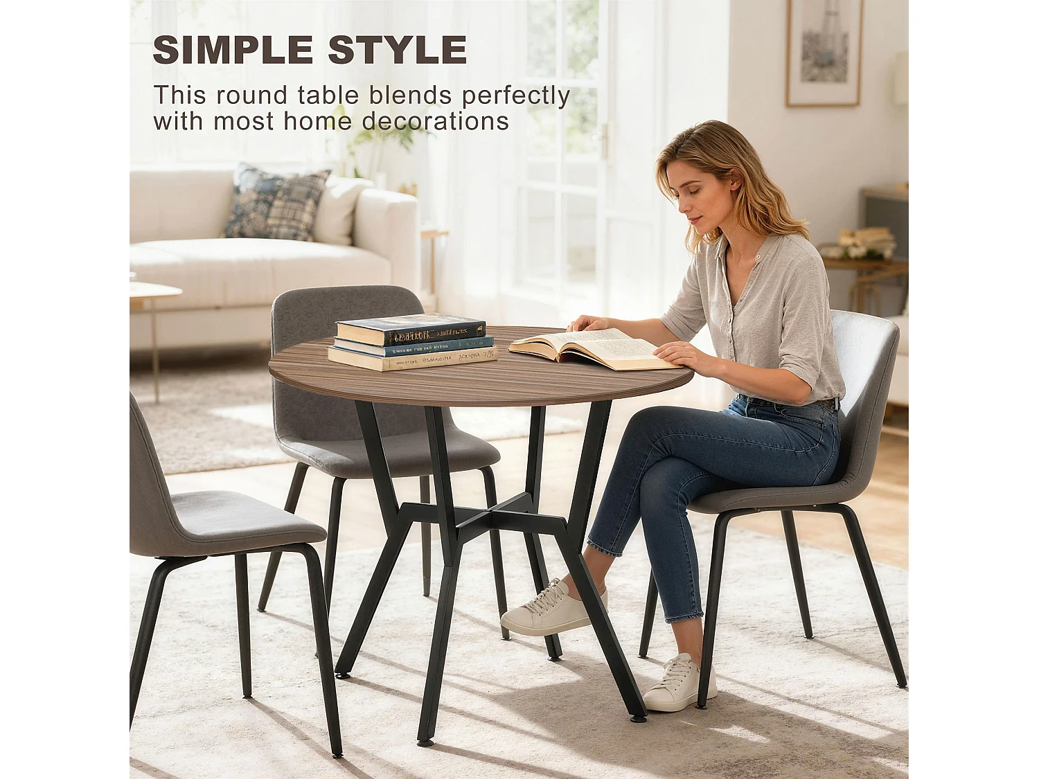 Doveno 90cm Round Dining Table Wood Effect Top Black Metal Frame Anti Slip Feet