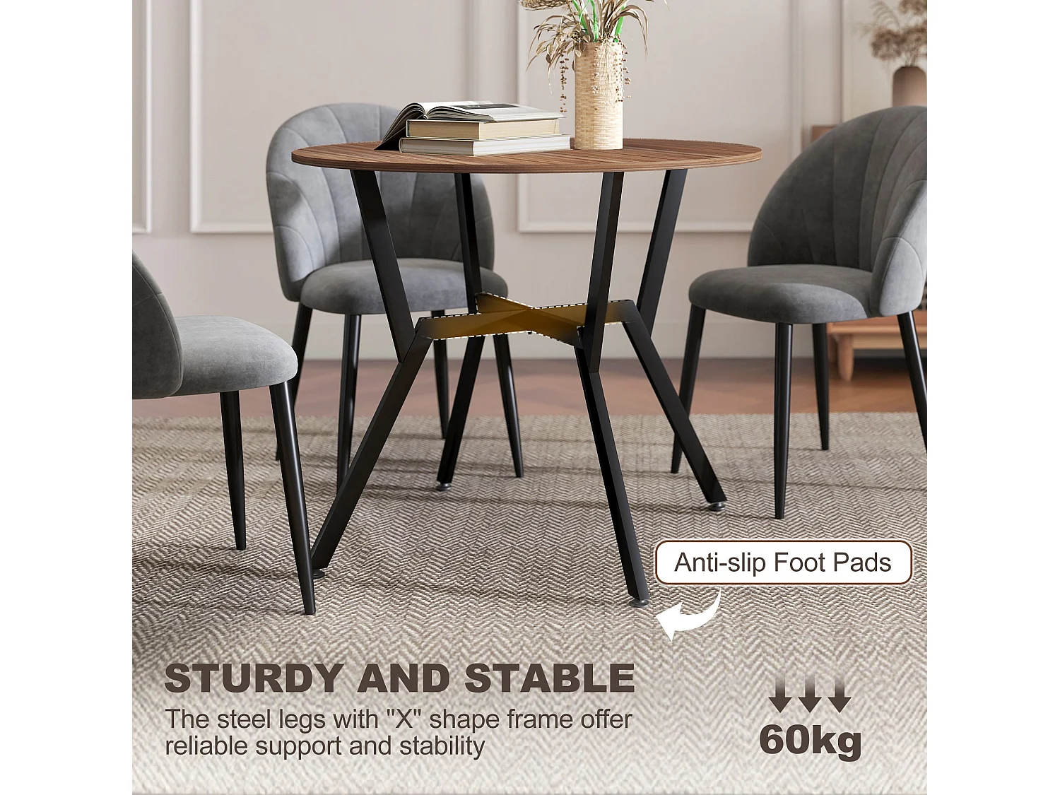 Doveno 90cm Round Dining Table Wood Effect Top Black Metal Frame Anti Slip Feet