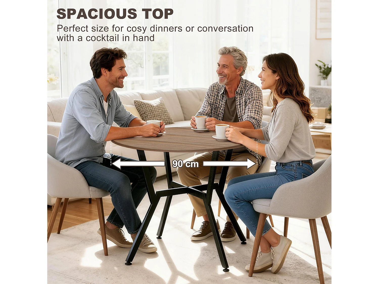 Doveno 90cm Round Dining Table Wood Effect Top Black Metal Frame Anti Slip Feet