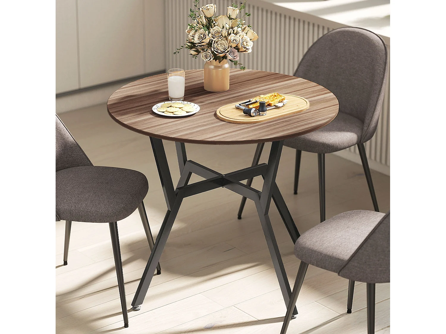 Doveno 90cm Round Dining Table Wood Effect Top Black Metal Frame Anti Slip Feet