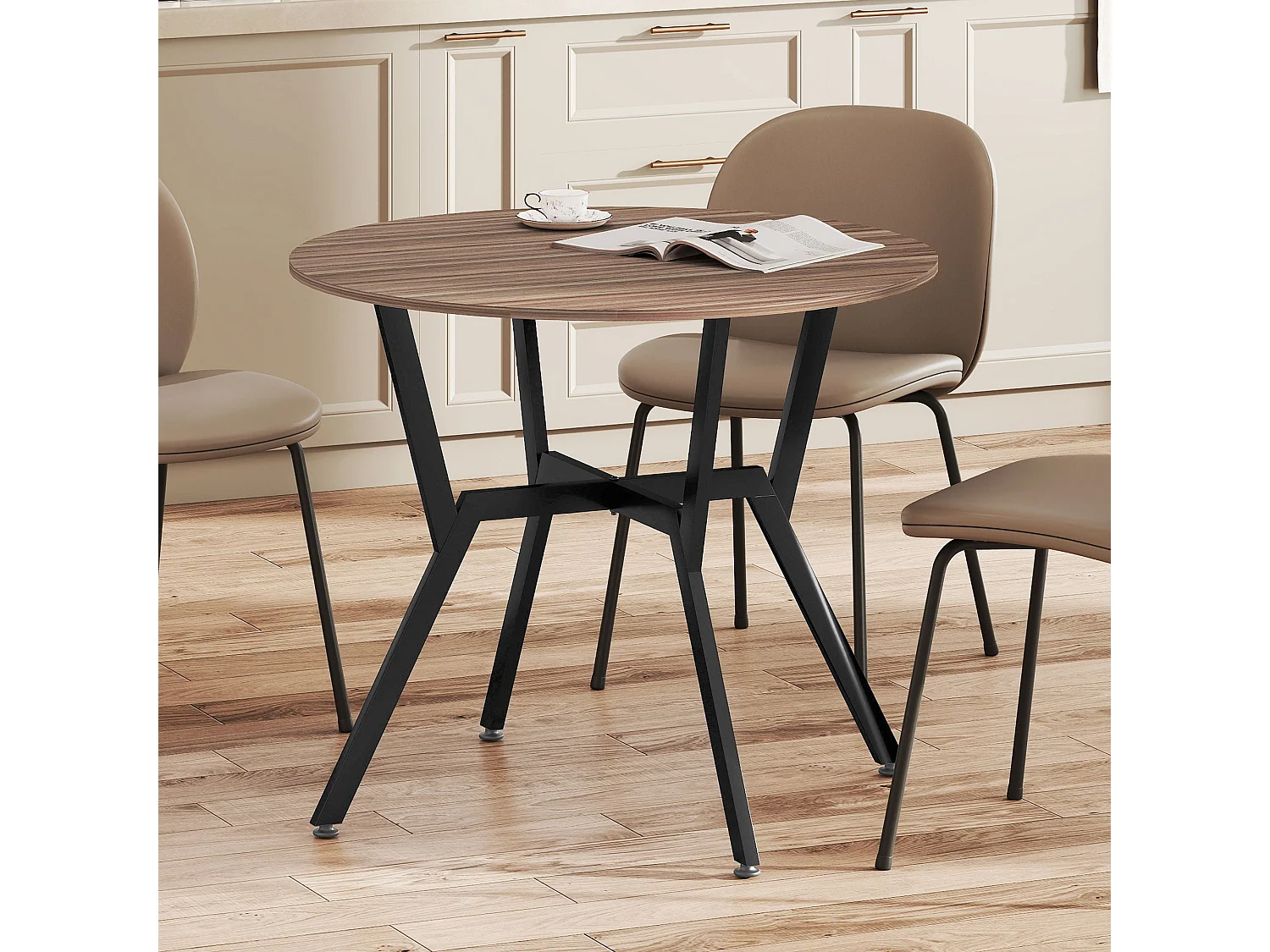 Doveno 90cm Round Dining Table Wood Effect Top Black Metal Frame Anti Slip Feet