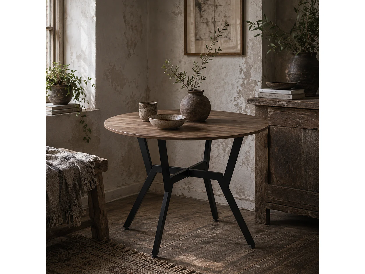 Doveno 90cm Round Dining Table Wood Effect Top Black Metal Frame Anti Slip Feet