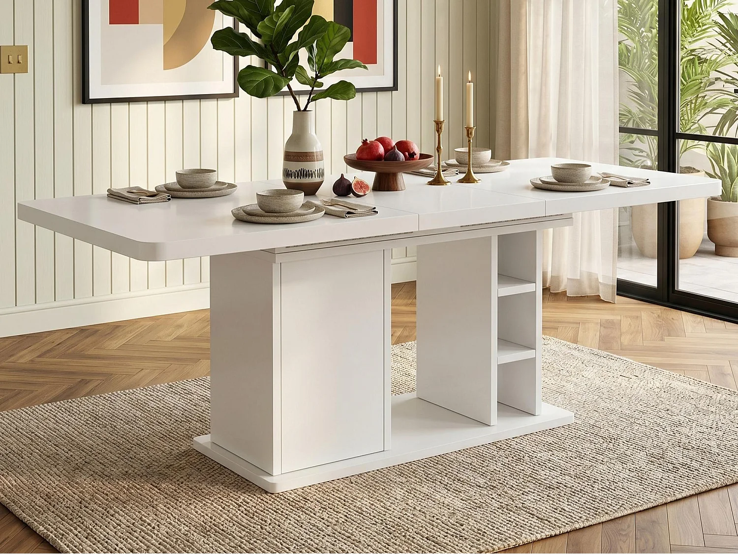 Table  à manger extensible 140/180x80x75 cm - pour 6 à 8 personnes - 1 porte et rangement ouvert - Plateau épais - Blanc