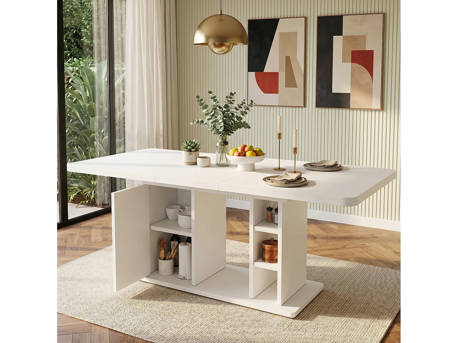 Table  à manger extensible 140/180x80x75 cm - pour 6 à 8 personnes - 1 porte et rangement ouvert - Plateau épais - Blanc