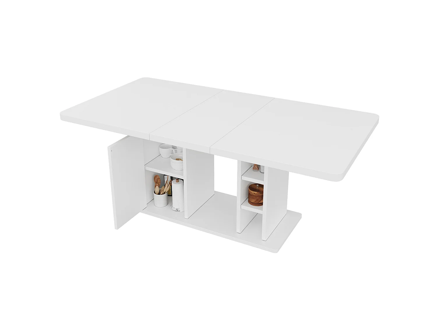 Table  à manger extensible 140/180x80x75 cm - pour 6 à 8 personnes - 1 porte et rangement ouvert - Plateau épais - Blanc