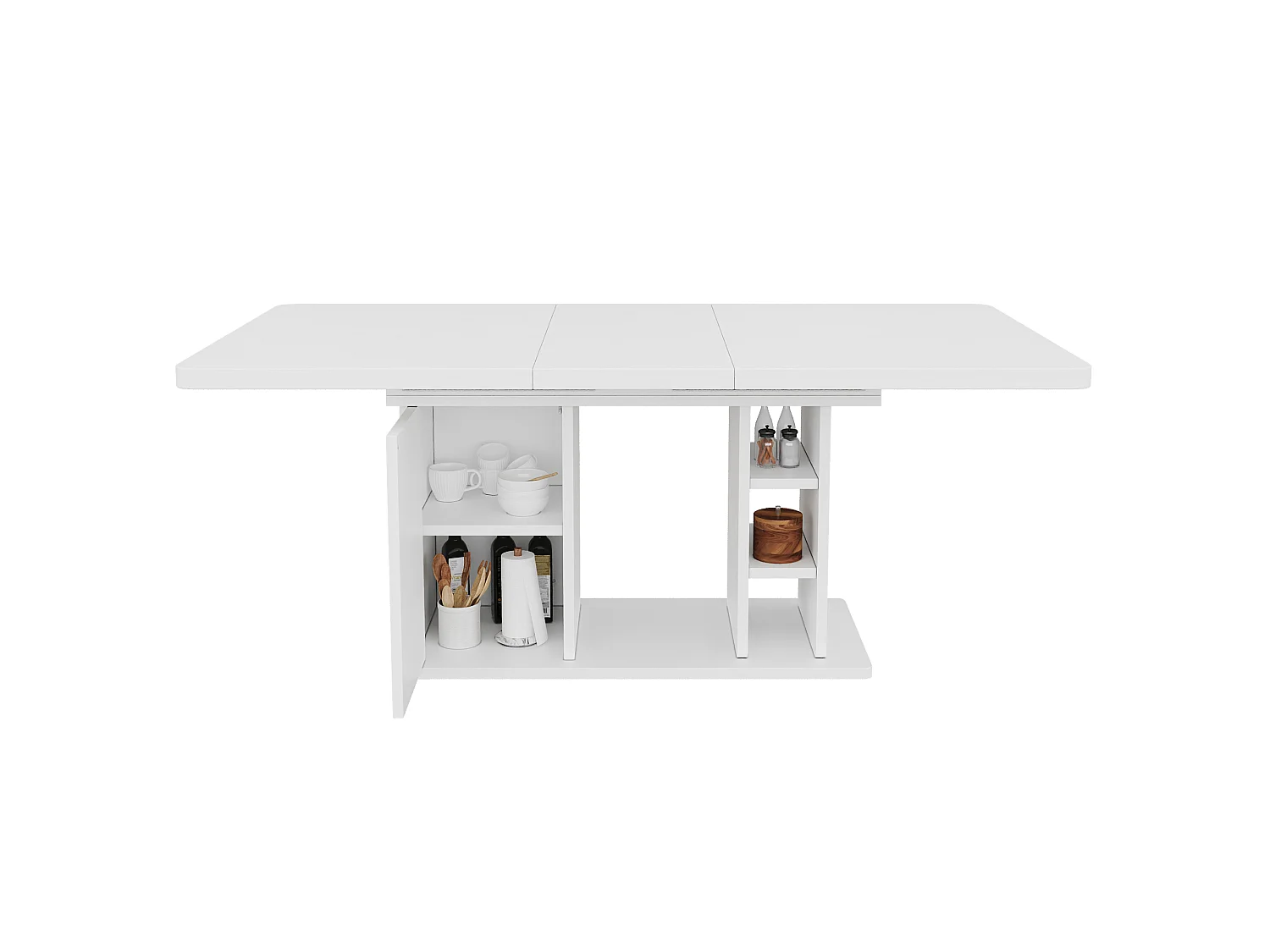Table  à manger extensible 140/180x80x75 cm - pour 6 à 8 personnes - 1 porte et rangement ouvert - Plateau épais - Blanc
