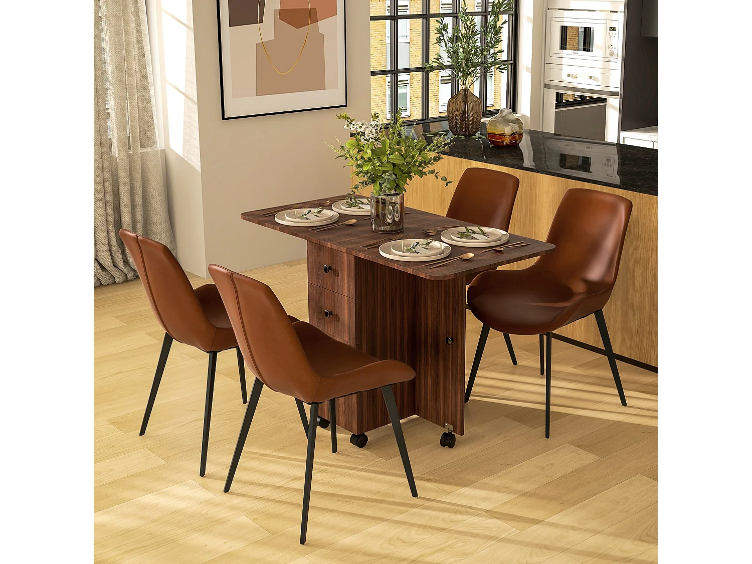 Distressed Brown Drop Leaf Dining Table With Storage Seats 6