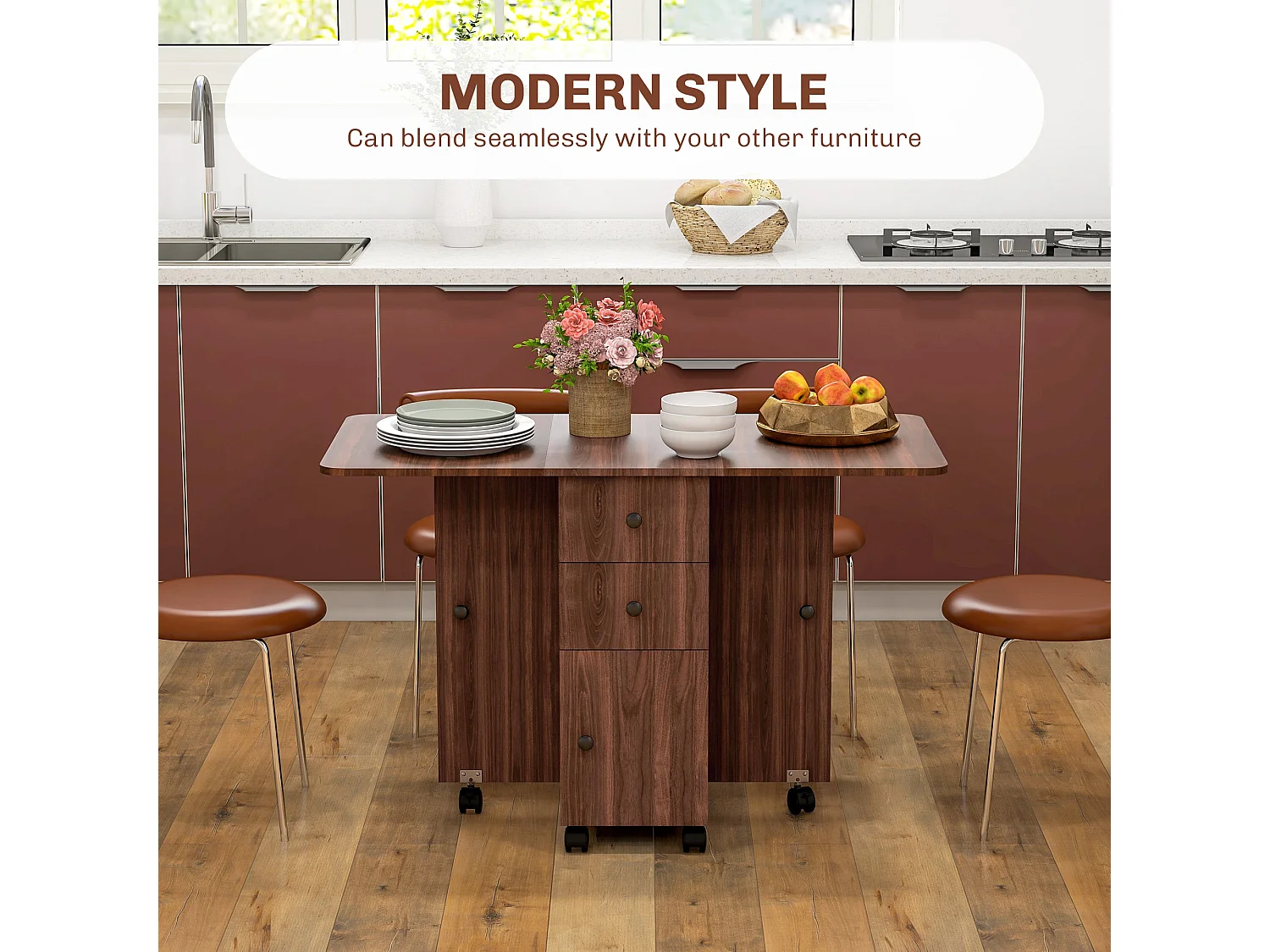 Distressed Brown Drop Leaf Dining Table With Storage Seats 6