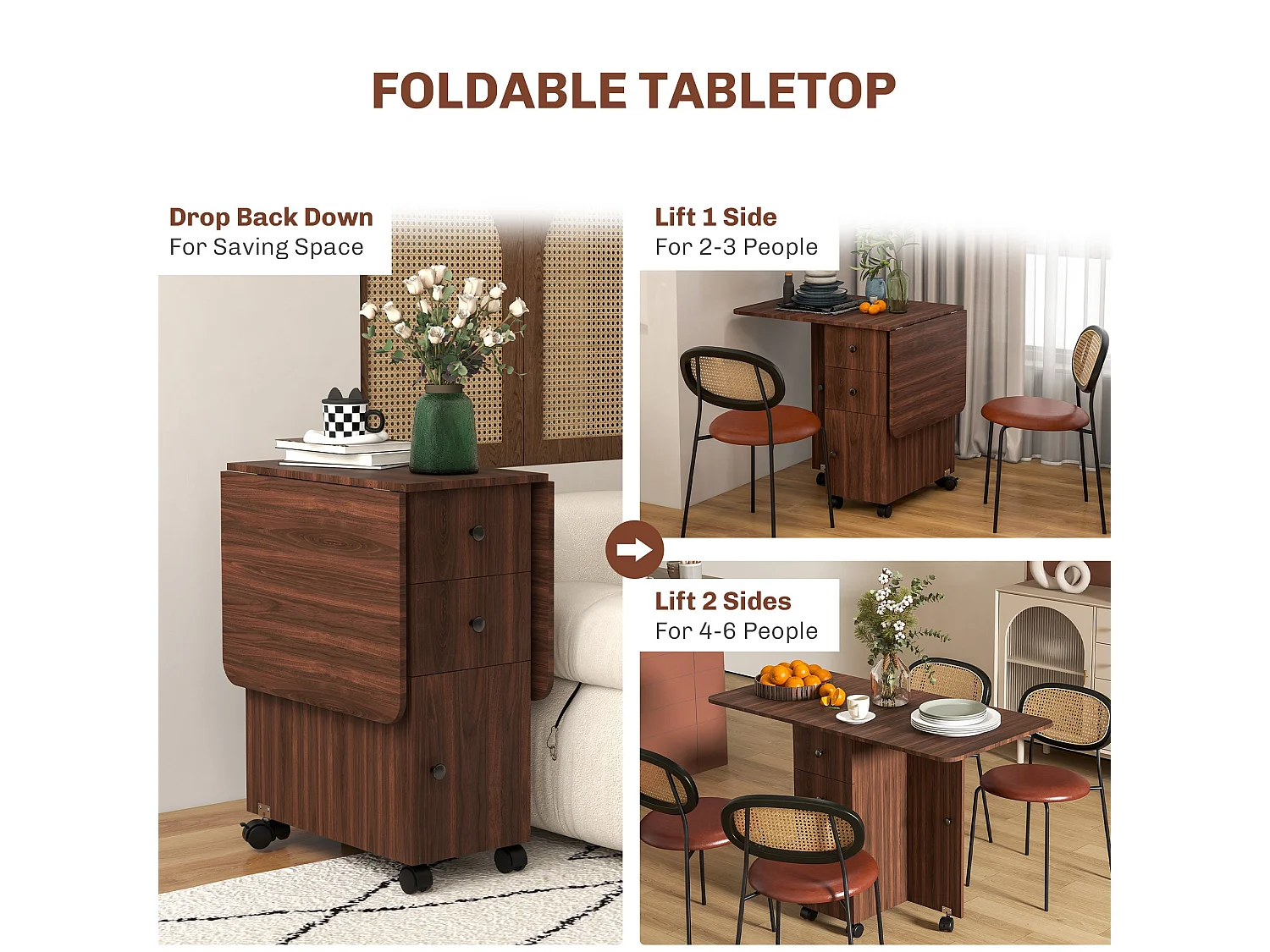 Distressed Brown Drop Leaf Dining Table With Storage Seats 6