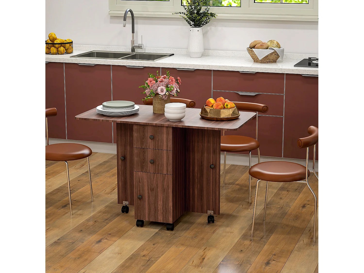 Distressed Brown Drop Leaf Dining Table With Storage Seats 6