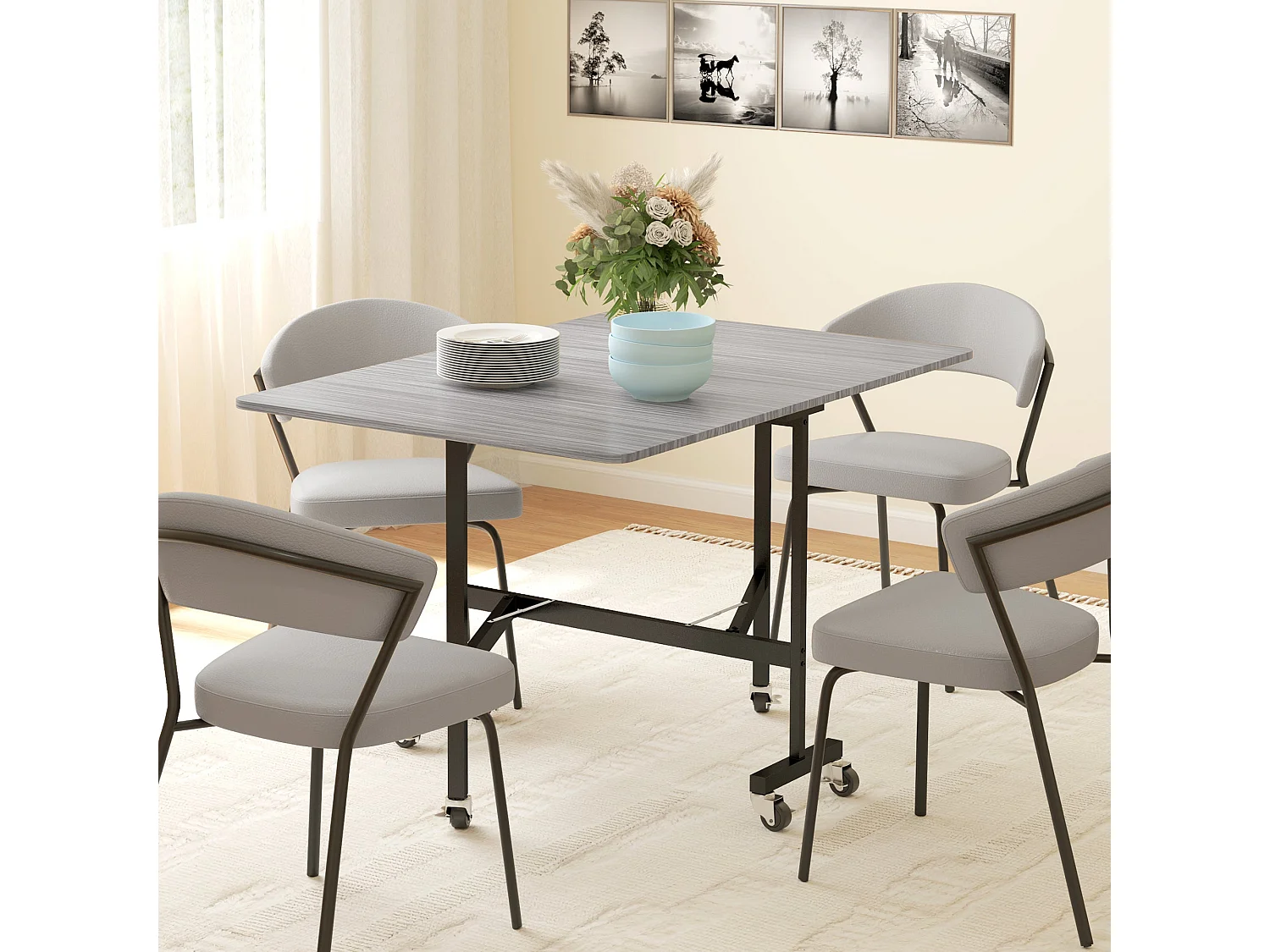 Neseva Grey Wood Effect Drop Leaf Dining Table with Wheels Seats 6