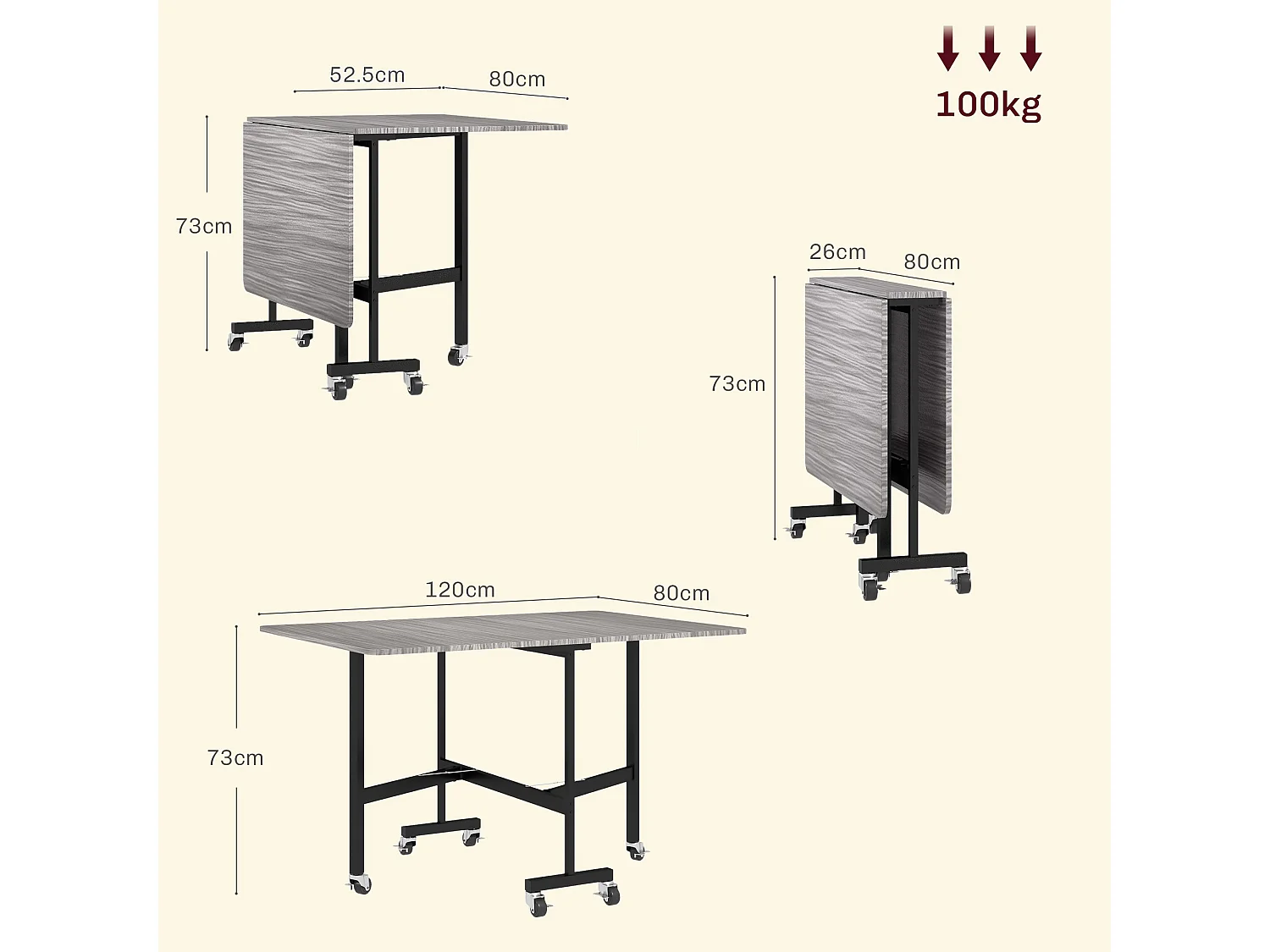 Neseva Grey Wood Effect Drop Leaf Dining Table with Wheels Seats 6
