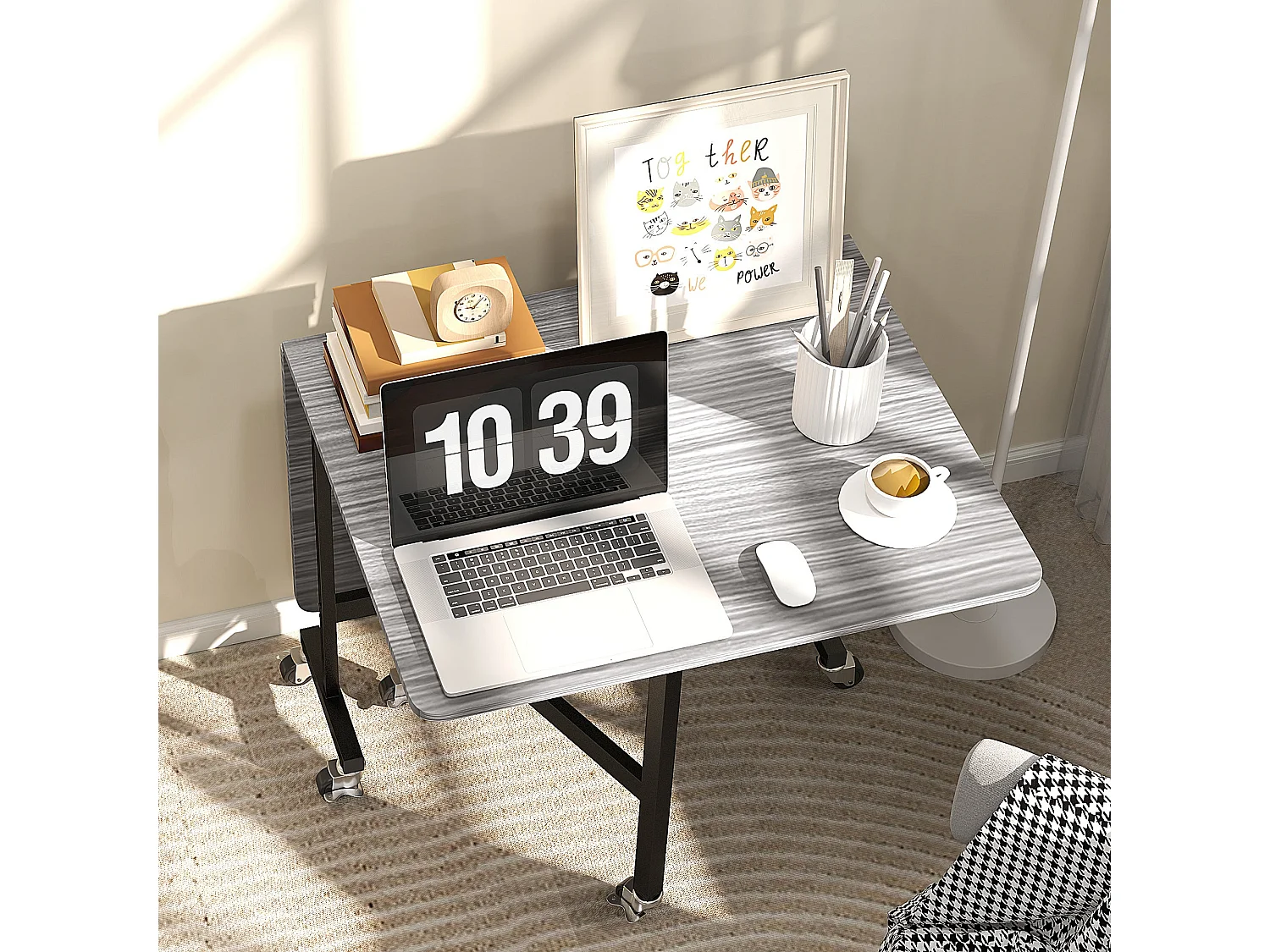 Neseva Grey Wood Effect Drop Leaf Dining Table with Wheels Seats 6