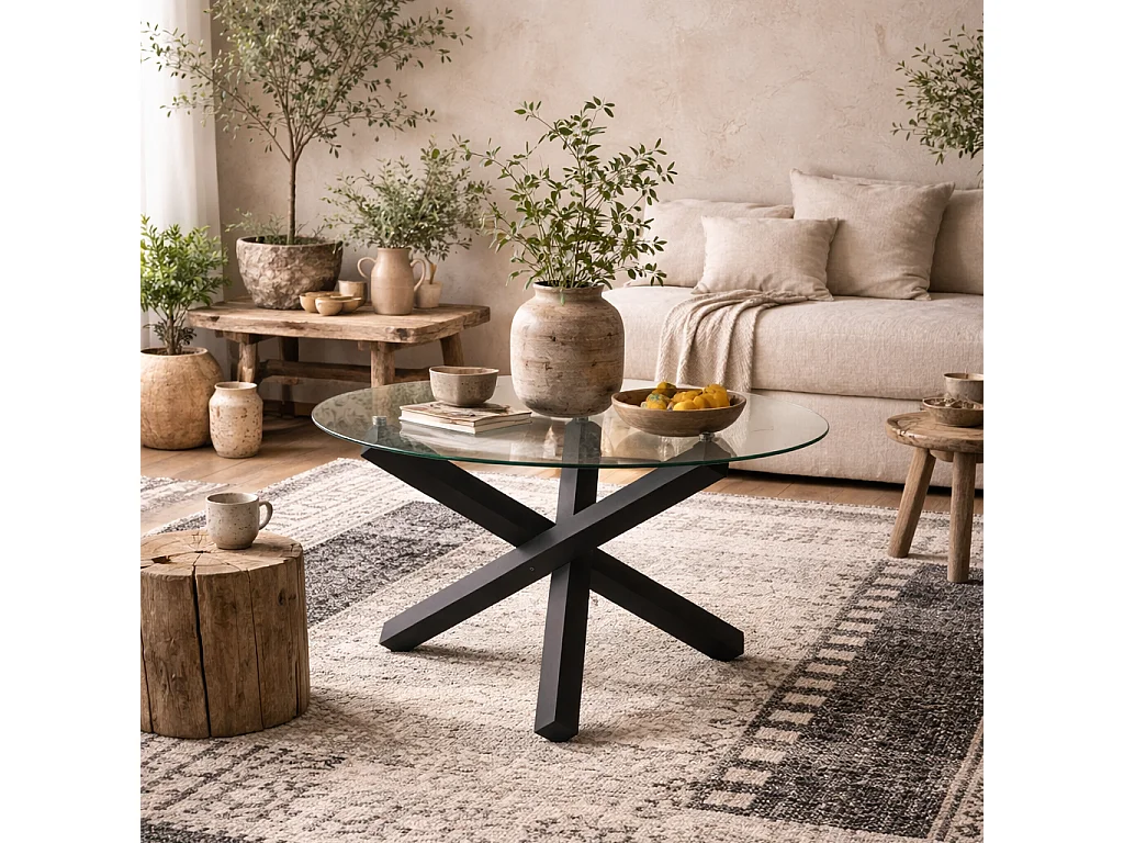 San Sebastian Round 120cm Clear Glass Dining Table Black Metal Frame 4 Seater