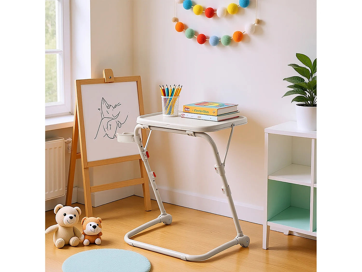 BASELINEDESK - Bureau pliant et inclinable réglable en hauteur en acier beige avec plateau synthétique