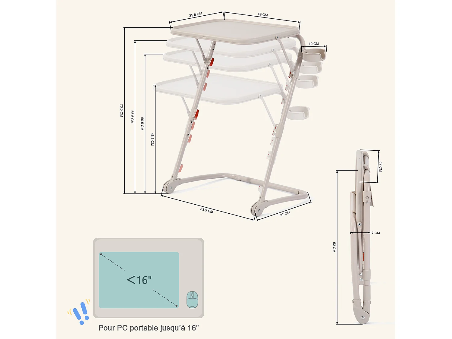 BASELINEDESK - Bureau pliant et inclinable réglable en hauteur en acier beige avec plateau synthétique