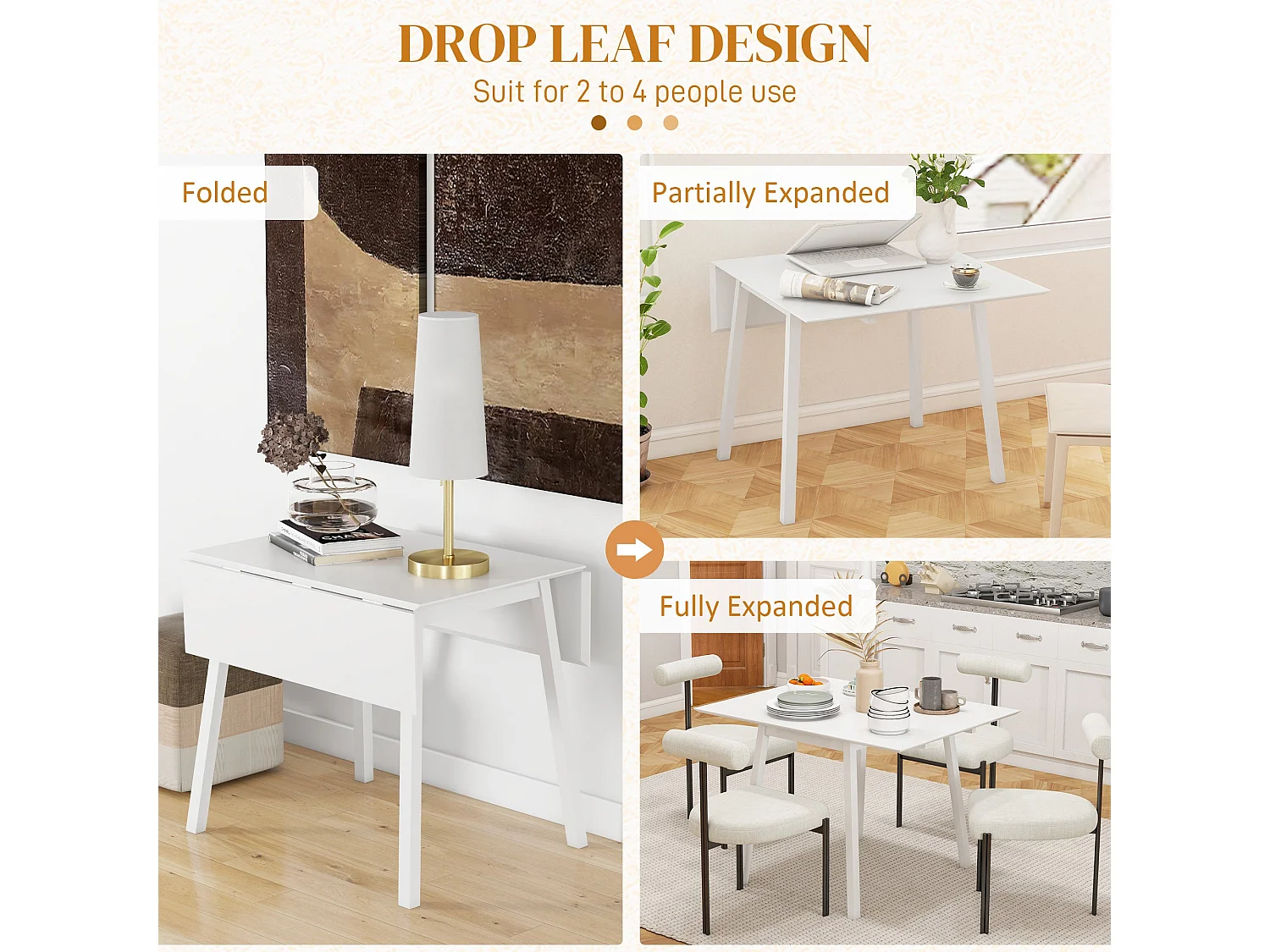 Hopato Solid Wood White Folding Drop Leaf Dining Table Seating 2–4