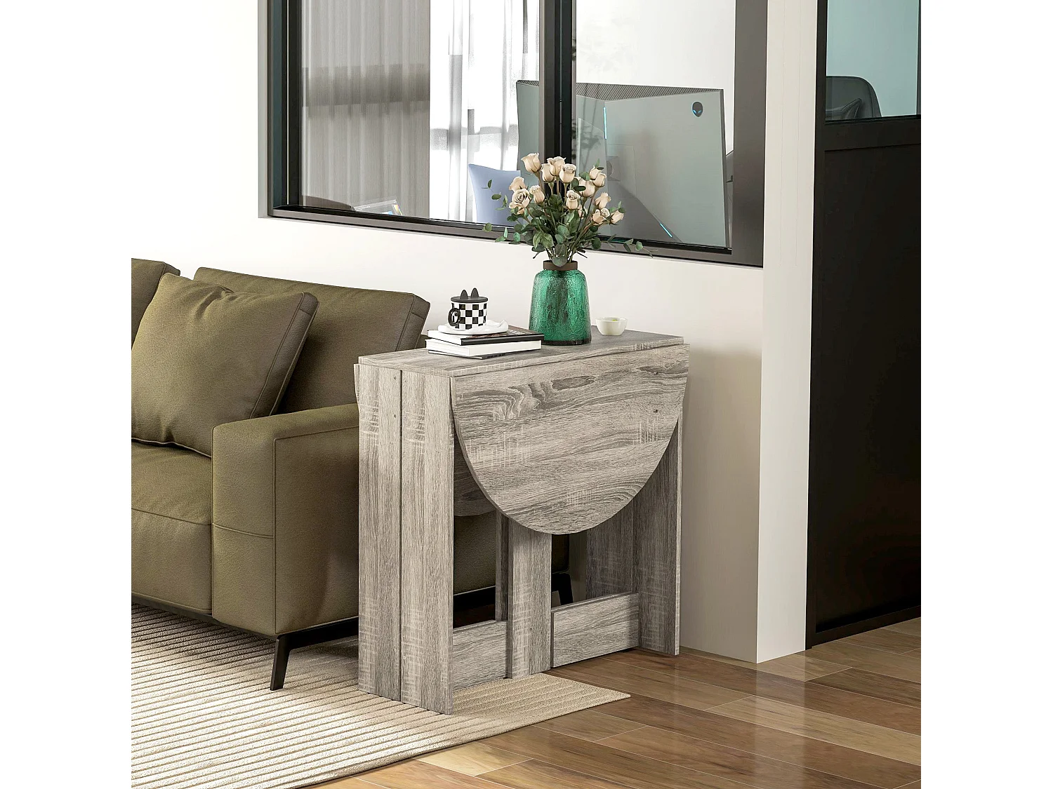 Tase Grey Folding Drop Leaf Dining Table Space Saving Rectangular Extendable Table