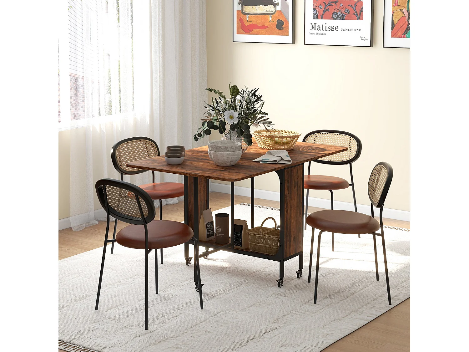 Nilanana Rustic Brown and Black Drop Leaf Dining Table Seating 6