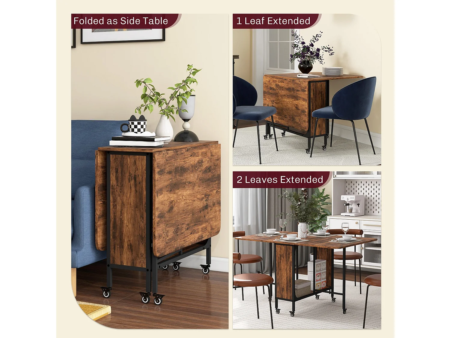 Nilanana Rustic Brown and Black Drop Leaf Dining Table Seating 6