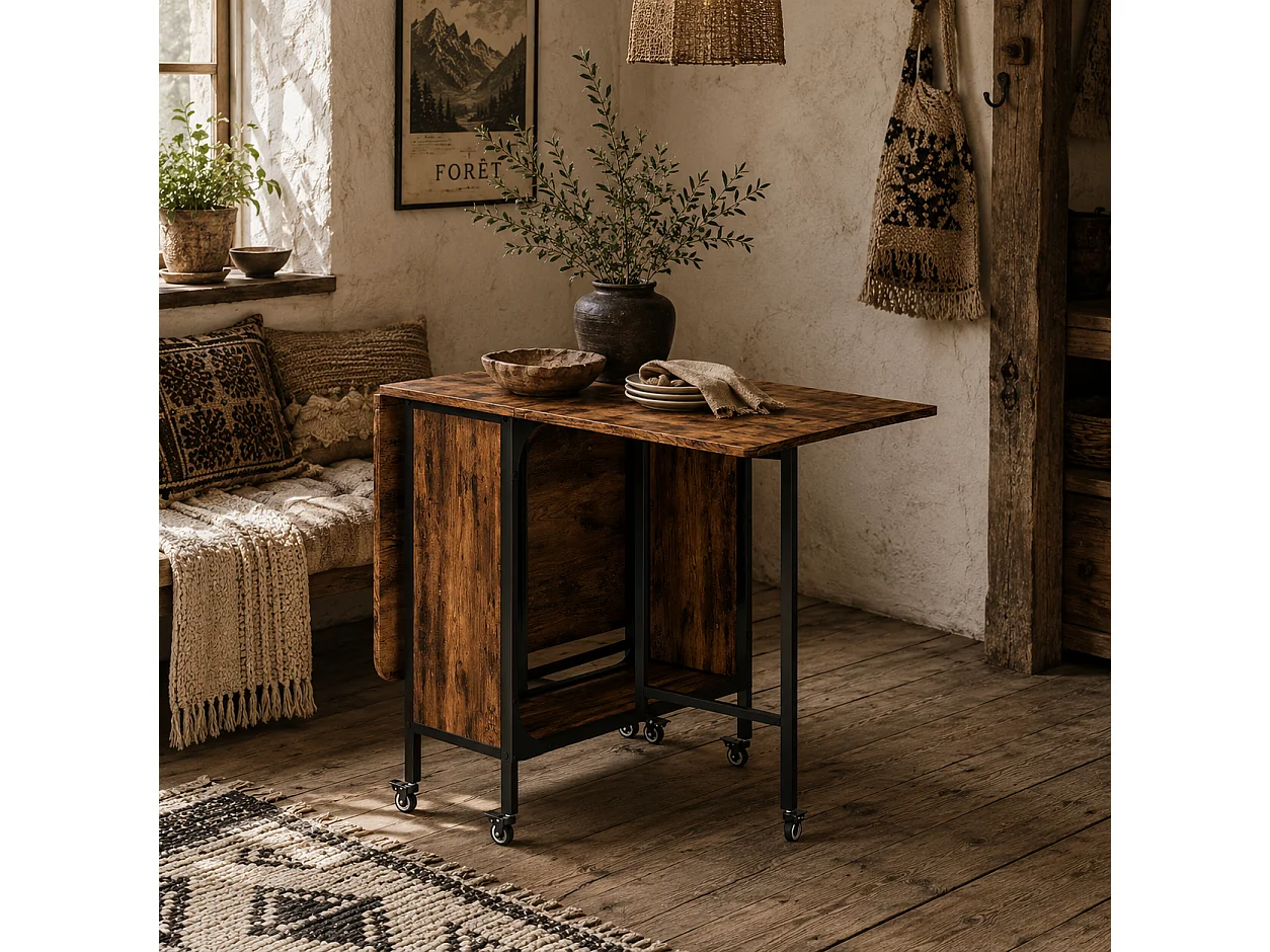 Nilanana Rustic Brown and Black Drop Leaf Dining Table Seating 6