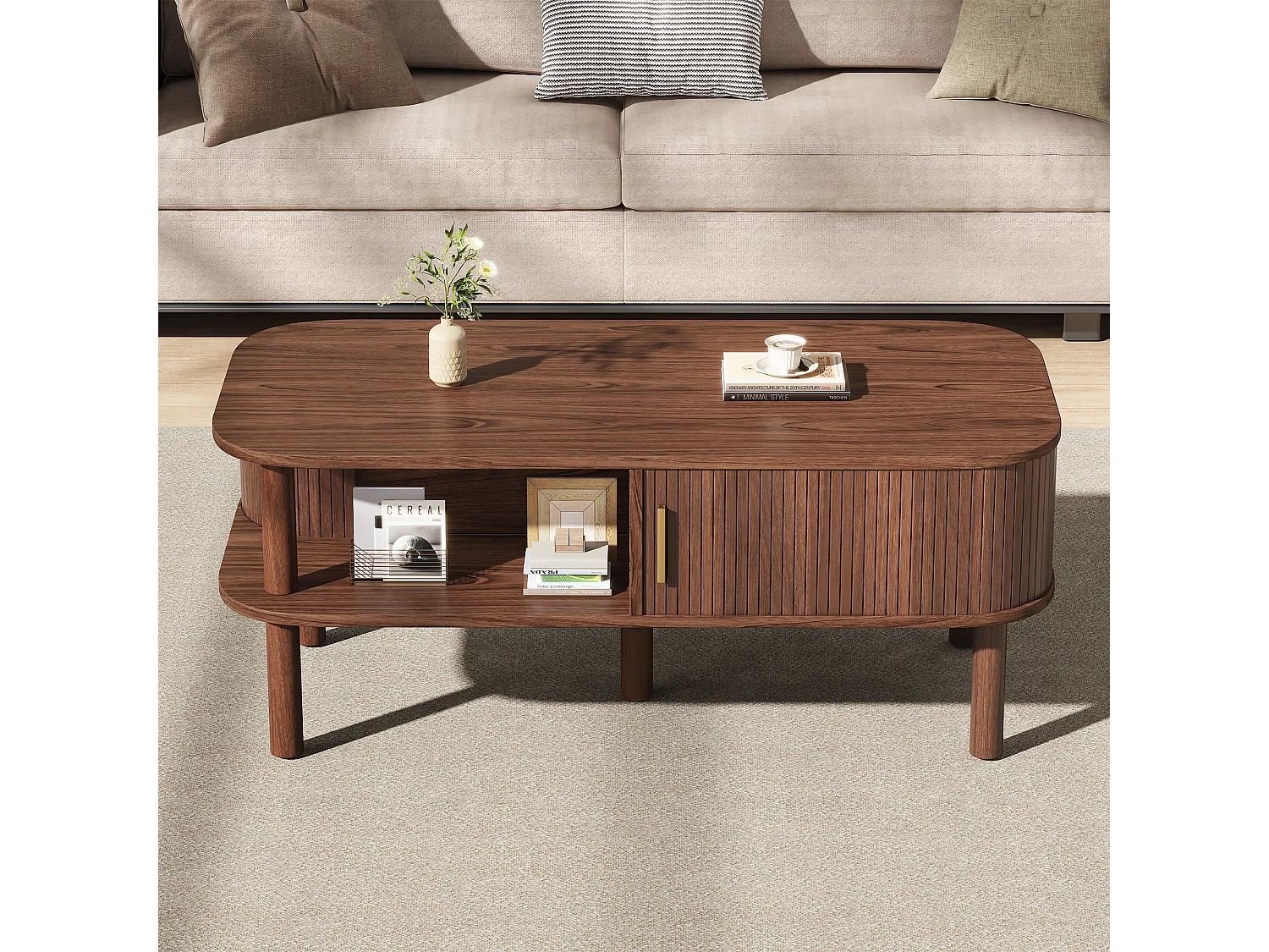 Couchtisch 110x55x45 cm - Beistelltisch - mit Schiebetür und offenen Ablagefächern - MDF - braun