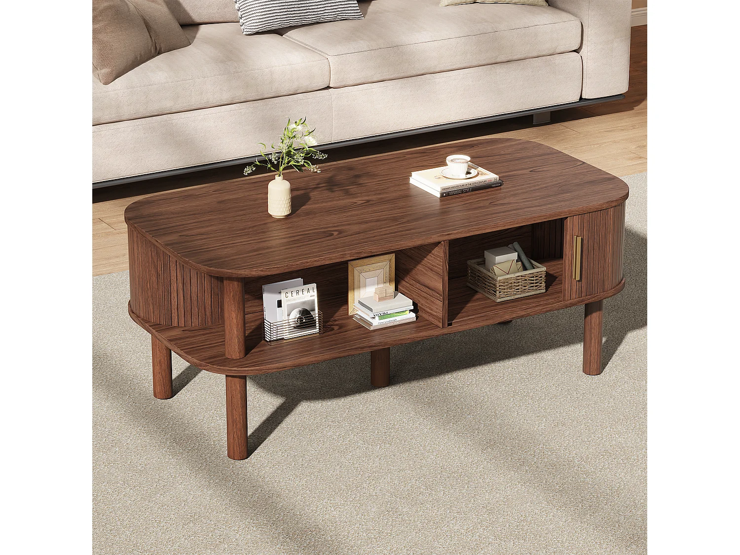 Couchtisch 110x55x45 cm - Beistelltisch - mit Schiebetür und offenen Ablagefächern - MDF - braun