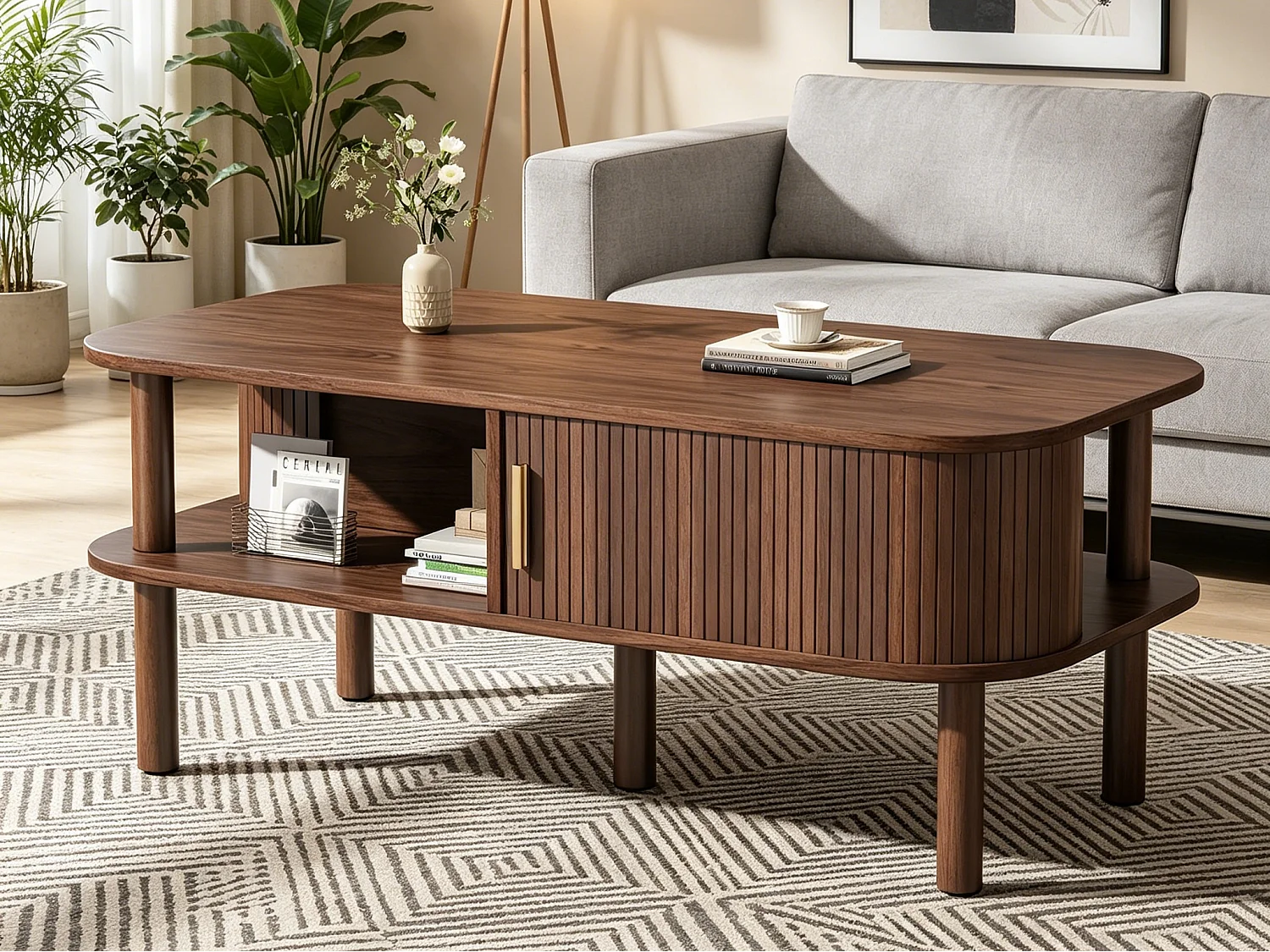 Couchtisch 110x55x45 cm - Beistelltisch - mit Schiebetür und offenen Ablagefächern - MDF - braun