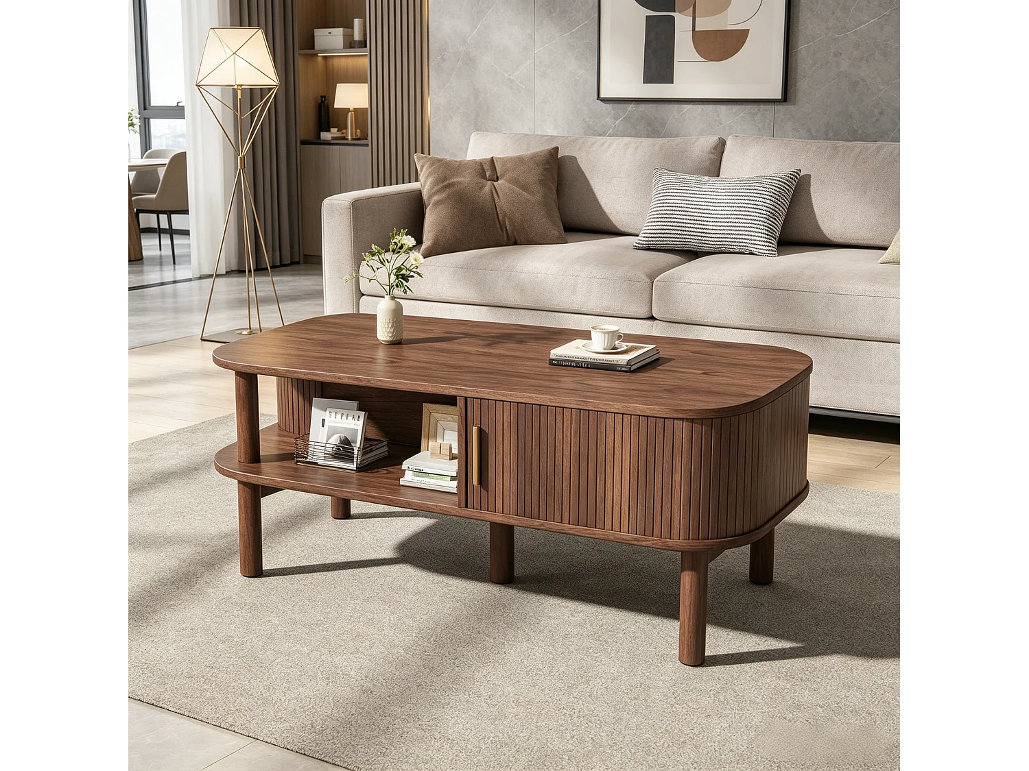 Couchtisch 110x55x45 cm - Beistelltisch - mit Schiebetür und offenen Ablagefächern - MDF - braun