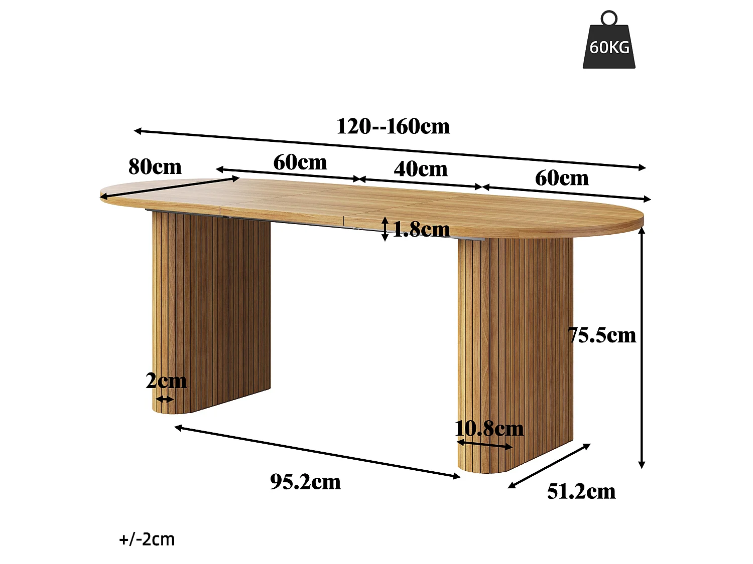 Table à Manger Extensible 120-160x80cm - table à manger ovale en bois - bureau épaissi - MDF + métal - Marron